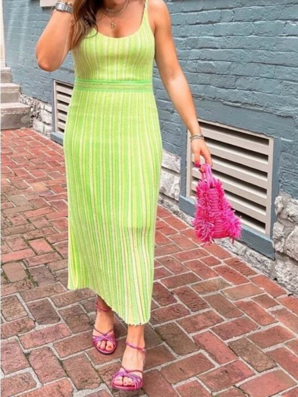 J. Crew Lime Green Striped Knit Midi Dress